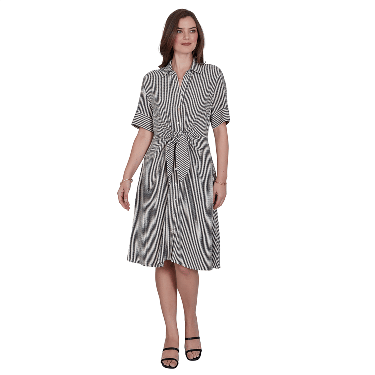 Petite Ruby Rd. Tropical Noir Stripe Knot Front Shirtdress