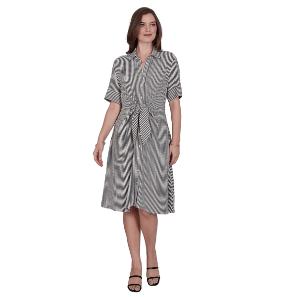Petite Ruby Rd. Tropical Noir Stripe Knot Front Shirtdress - image 