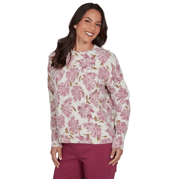 Petite Hearts of Palm Berry Fabulous Long Sleeve Floral Sweater