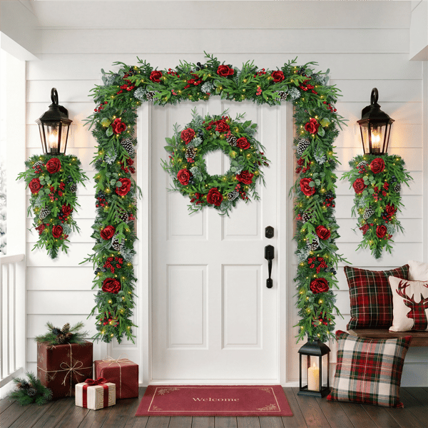 Puleo International 6ft. LED Roses & Pinecoes Adorned Garland