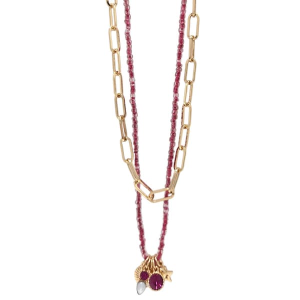 Ashley Gold-Tone Cable Chain Necklace w/ Pink Seed Bead Charms - image 