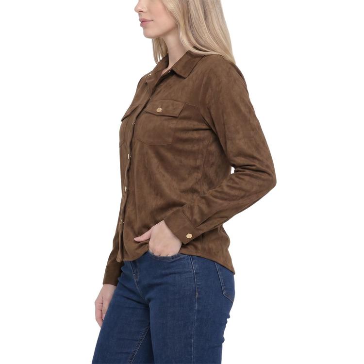 Womens NY Collection Long Sleeve Button Front Suede Blouse