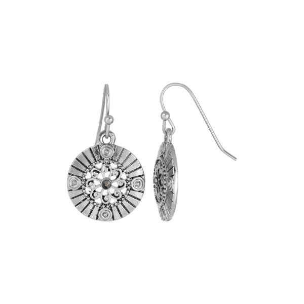 1928 Jewelry Silver-Tone Round Drop Earrings - image 