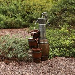 Alpine 24in. Vintage Barrel Water Pump w/ Buckets Fountain