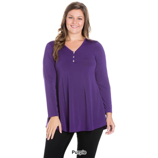 Plus Size 24/7 Comfort Apparel Flared Long Sleeve Henley Tunic