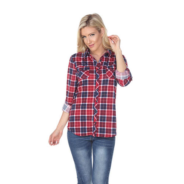 Womens White Mark Oakley Stretch Plaid Casual Button Down Top - image 