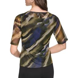 Womens DKNY Short Sleeve Twist Front V-Neck Mesh Blouse