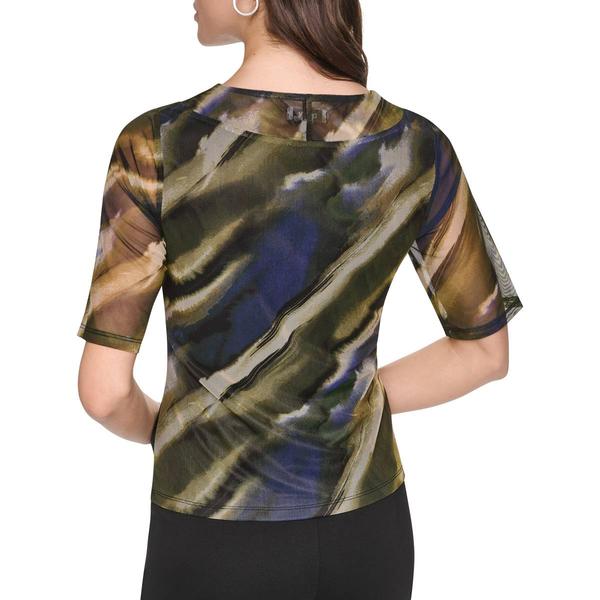 Womens DKNY Short Sleeve Twist Front V-Neck Mesh Blouse