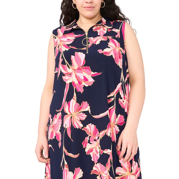 Plus Size MSK Sleeveless 1/4 Zip Floral Shift Midi Dress