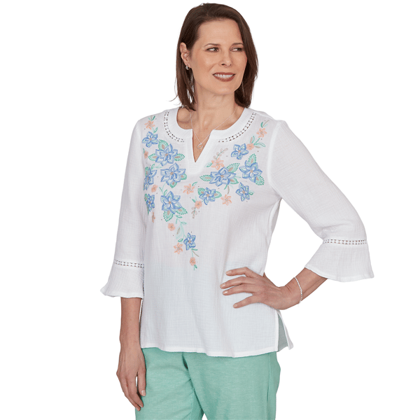 Petite Alfred Dunner Caribbean Blues 3/4 Flounce Sleeve Blouse