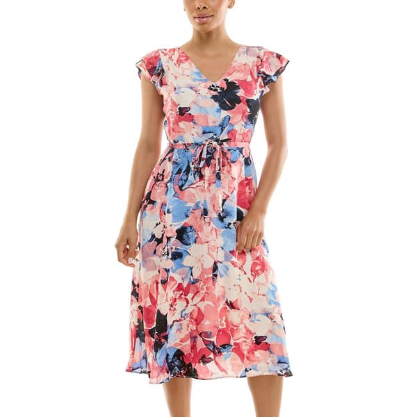 Womens Nina Leonard Flutter Sleeve V Neck Floral A-Line Dress
