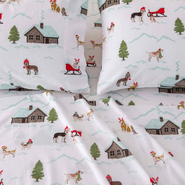 Freshfolds Cotton Pups With Hats Holiday 4pc. Flannel Sheet Set
