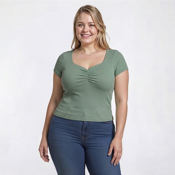 Juniors Plus Eye Candy Short Sleeve Rib Cinch Front Top - image 