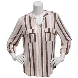 Womens Cure 3/4 Sleeve Pocket Stripe Zip Neck Blouse
