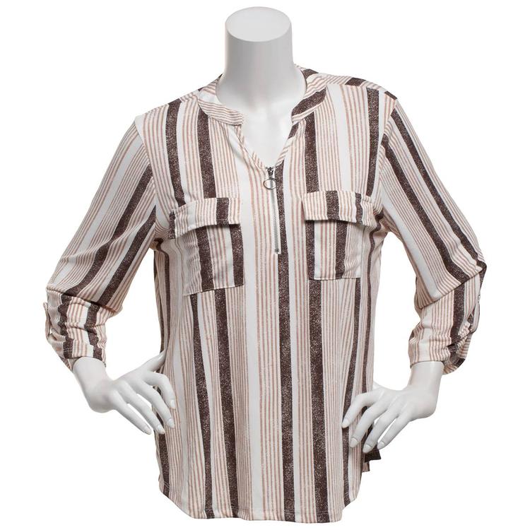 Womens Cure 3/4 Sleeve Pocket Stripe Zip Neck Blouse