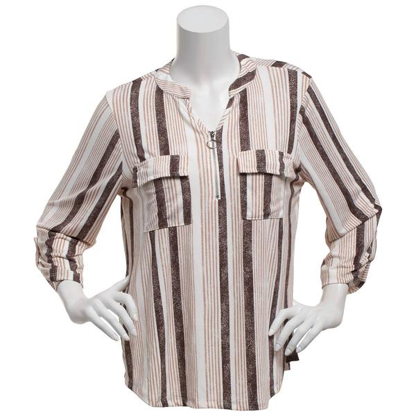 Womens Cure 3/4 Sleeve Pocket Stripe Zip Neck Blouse - image 