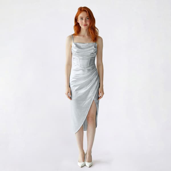 Juniors Emerald Sundae Asymmetrical Satin Drape Neck Midi Dress