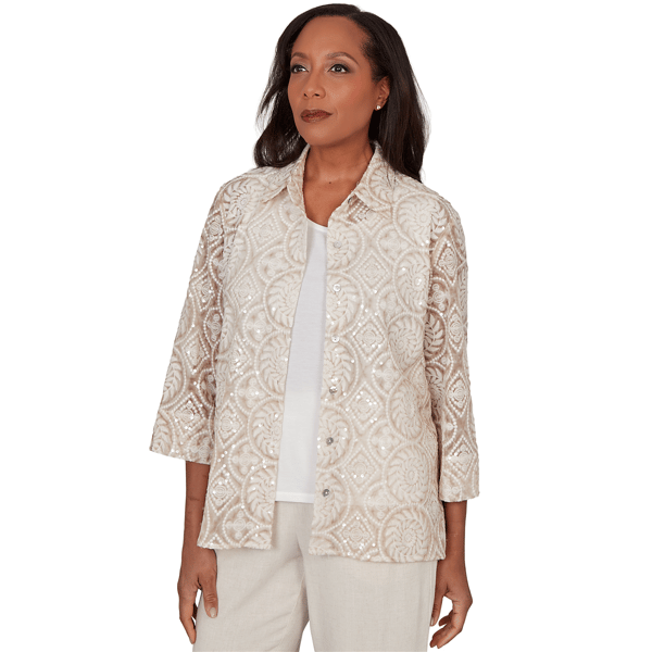 Womens Alfred Dunner Natural Wonder Sequin Two In One Blouse