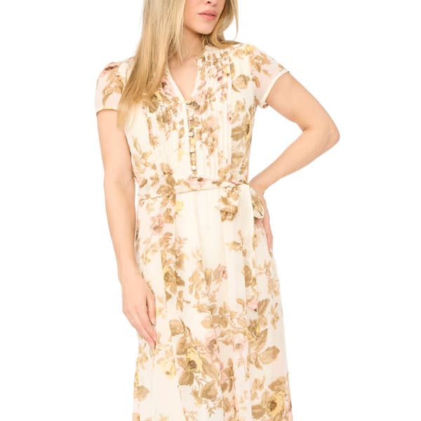 Petite MSK Short Sleeve Floral Chiffon Pintuck Midi Dress