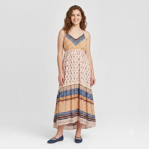 Juniors Angie Mix Print Crochet Trim Maxi Slip Dress - image 