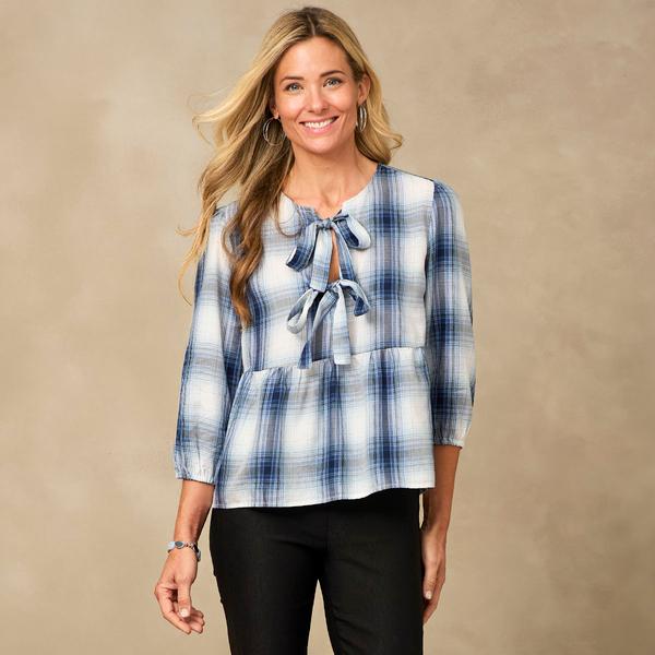 Petite Preswick & Moore(R) Plaid Tie Front Peplum Blouse - image 