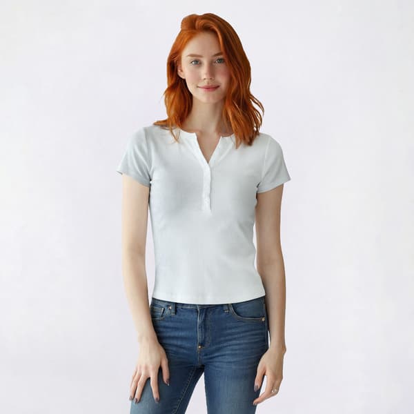 Juniors No Comment Short Sleeve Ribbed Henley Tee - image 