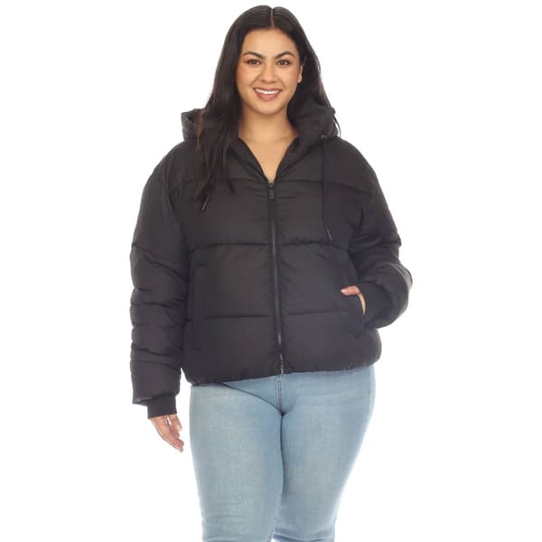 Plus Size White Mark Zip Hooded Bomber Puffer Coat - image 