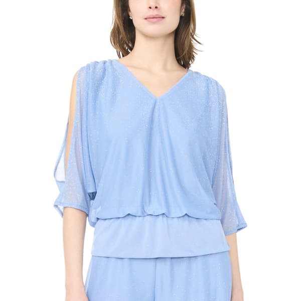 Womens MSK Cold Shoulder Glitter Mesh V Neck Blouse