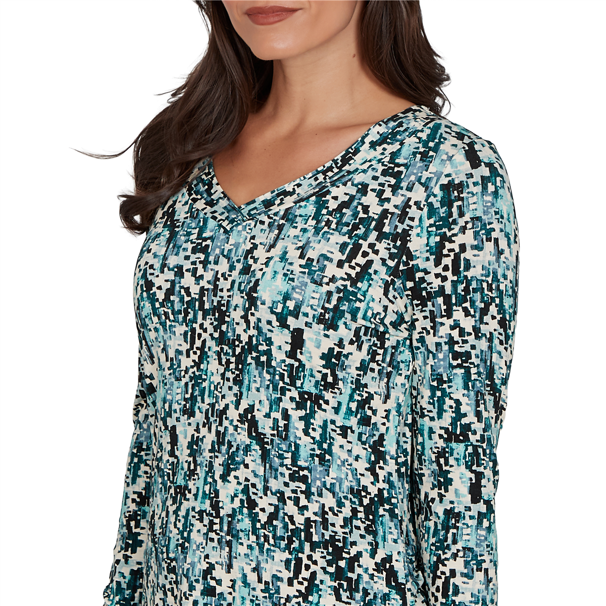 Womens Emaline Key Items Long Sleeve V Neck Abstract Tee