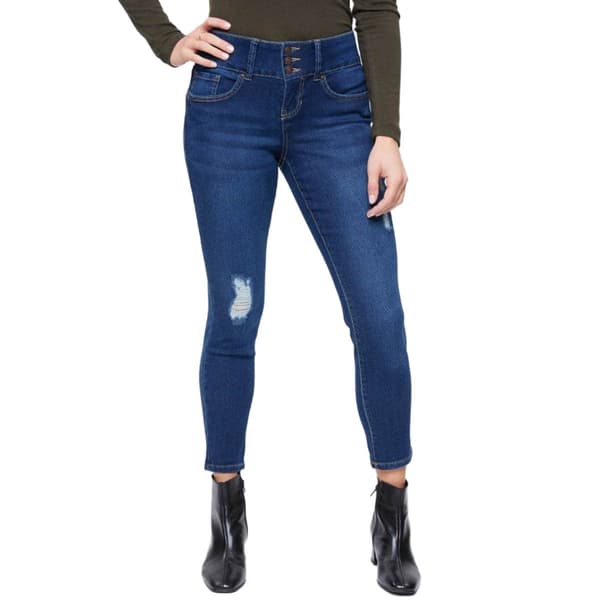 Petite Royalty Basic Three Button High Rise Rip Skinny Jeans