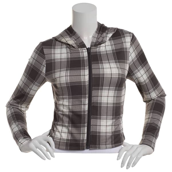 Juniors No Comment Fleece Lined Plaid Zip Up Hoodie - image 