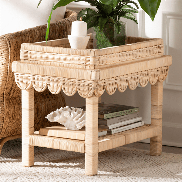 bali & pari Weyman Scalloped Rattan End Table with Tray Top