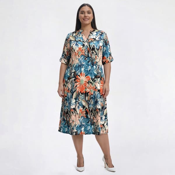Plus Size Cocomo Roll Tab Sleeve Floral Gomez Shift Dress