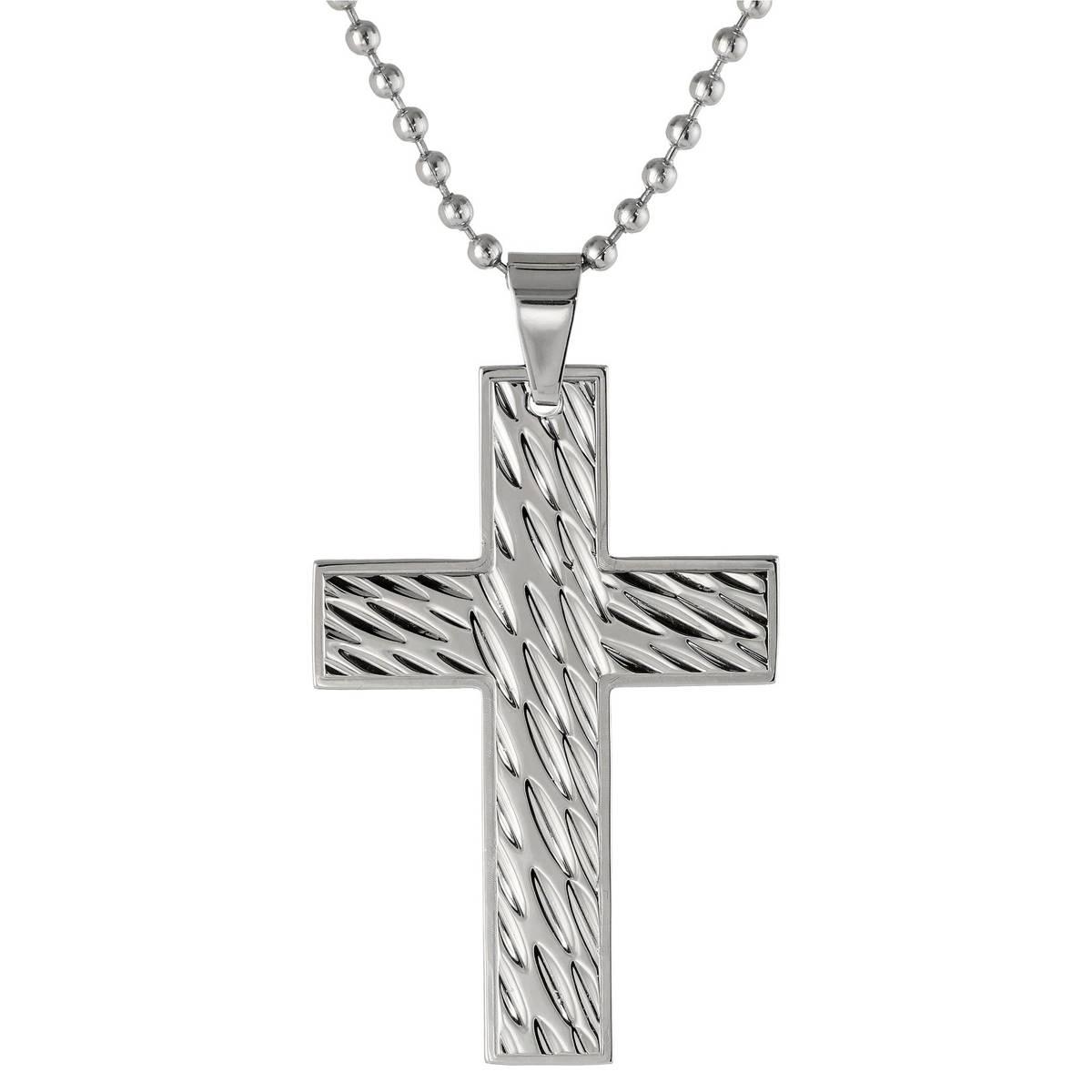 Mens Lynx Stainless Steel Ball Chain Textured Cross Pendant