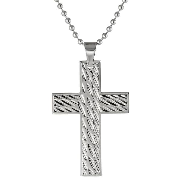 Mens Lynx Stainless Steel Ball Chain Textured Cross Pendant