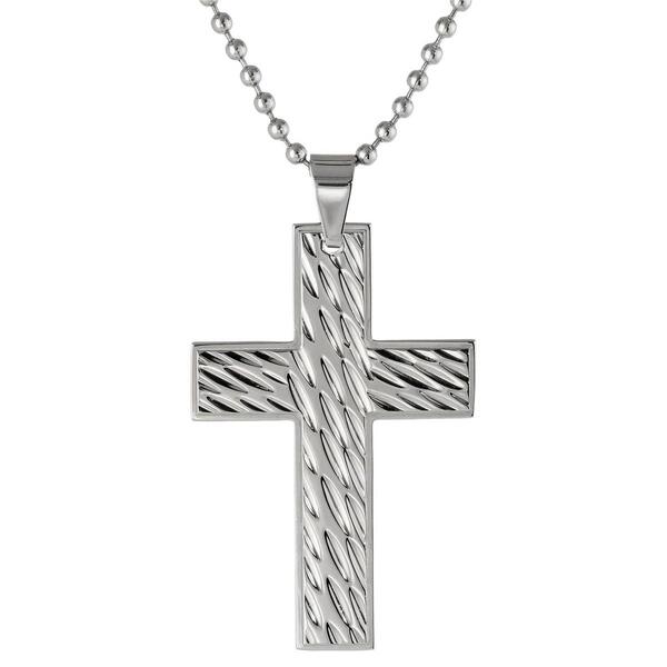Mens Lynx Stainless Steel Ball Chain Textured Cross Pendant - image 