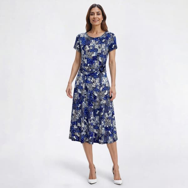Womens Perceptions Short Sleeve Floral Side Buckle A-Line Dress
