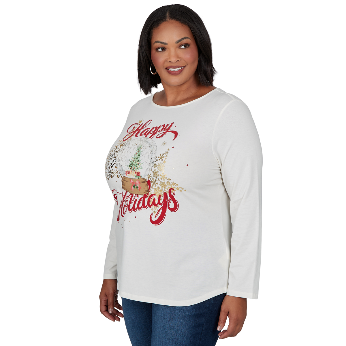 Plus Size Ruby Rd. Happy Holidays Long Sleeve Snow Globe Tee