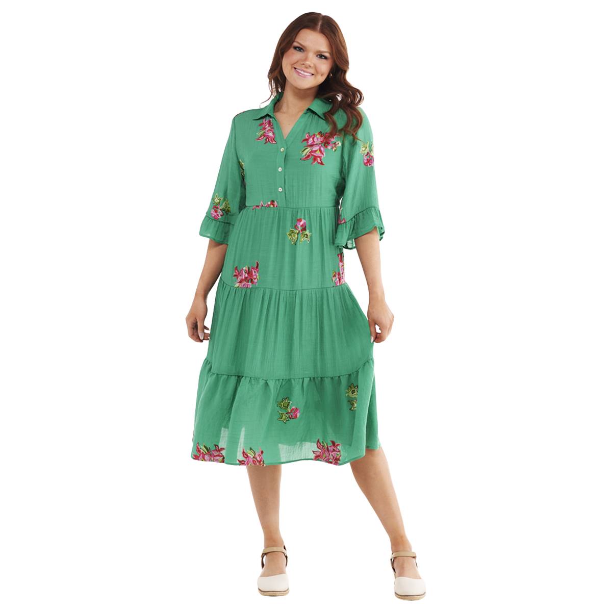 Womens Figueroa & Flower Elbow Sleeve Embroidered Tier Dress