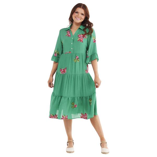 Womens Figueroa & Flower Elbow Sleeve Embroidered Tier Dress - image 