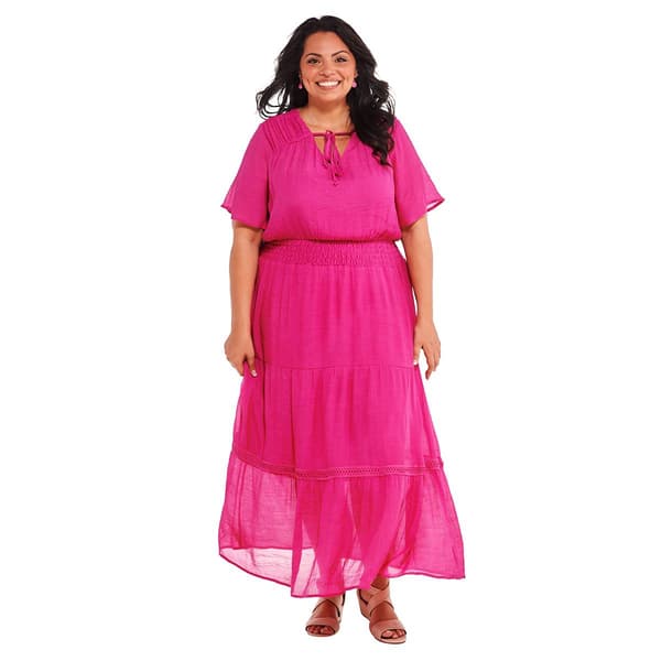 Plus Size Luxology Short Sleeve Tie Neck Smock Waist Maxi Dress - image 