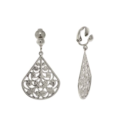 1928 Silver-Tone Filigree Pear Shaped Clip On Earrings