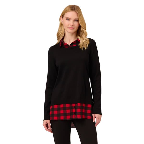 Womens Adrianna Papell Crew Neck 2Fer Windowpane Sweater-RED - image 