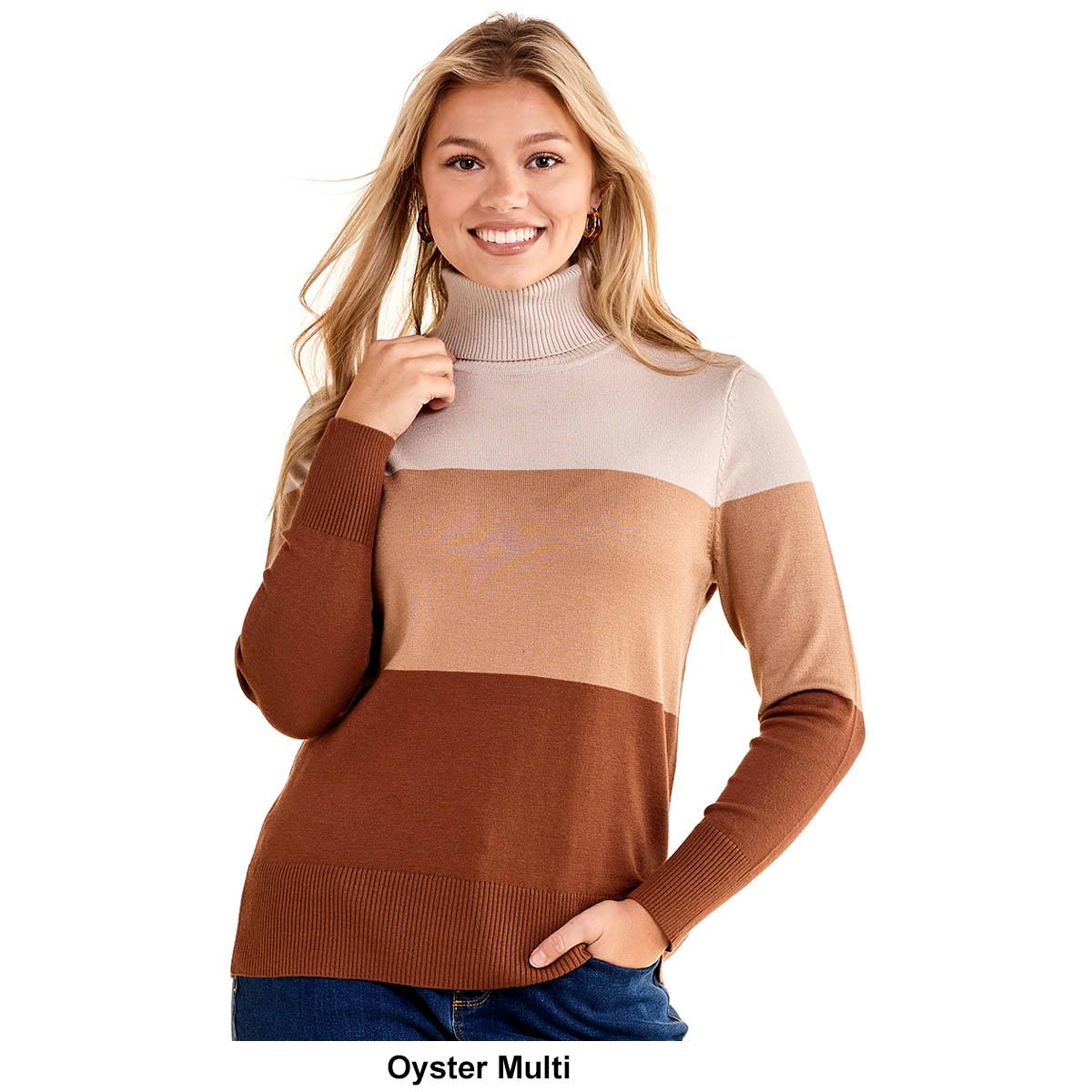 Womens Retrology Color Block Long Sleeve Turtleneck Sweater