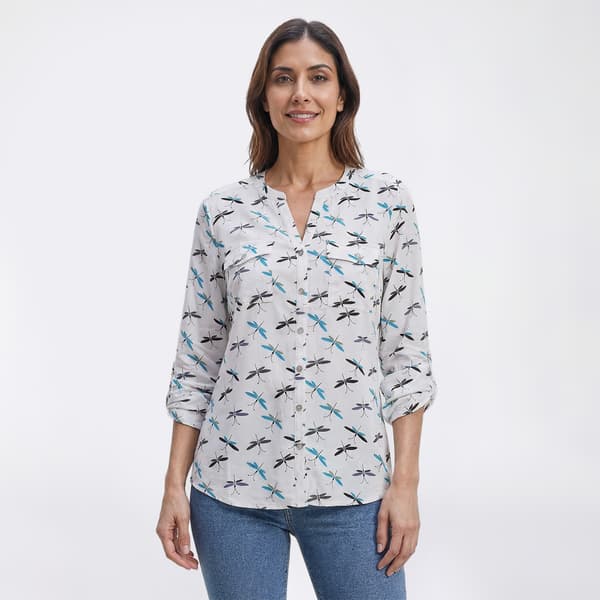Womens Notations 3/4 Roll Tab Dragonflies Equipment Button Down - image 