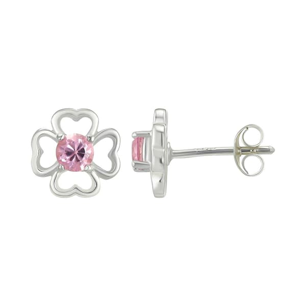 Sterling Silver Pink CZ Clover Stud Earrings - image 