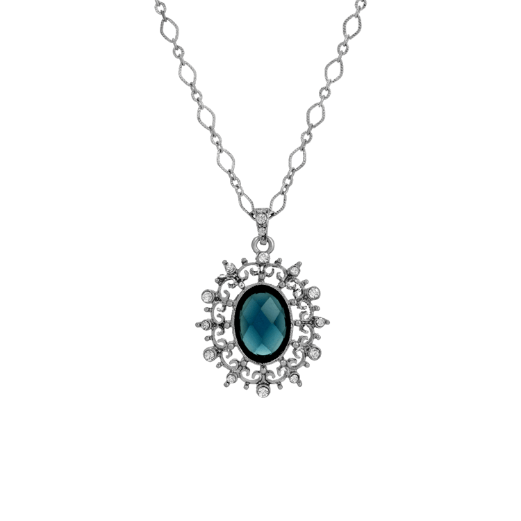 1928 Jewelry 16in. Blue Stone Crystal Oval Pendant