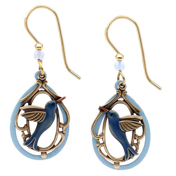 Silver Forest Gold-Tone Blue Hummingbird Earrings - image 