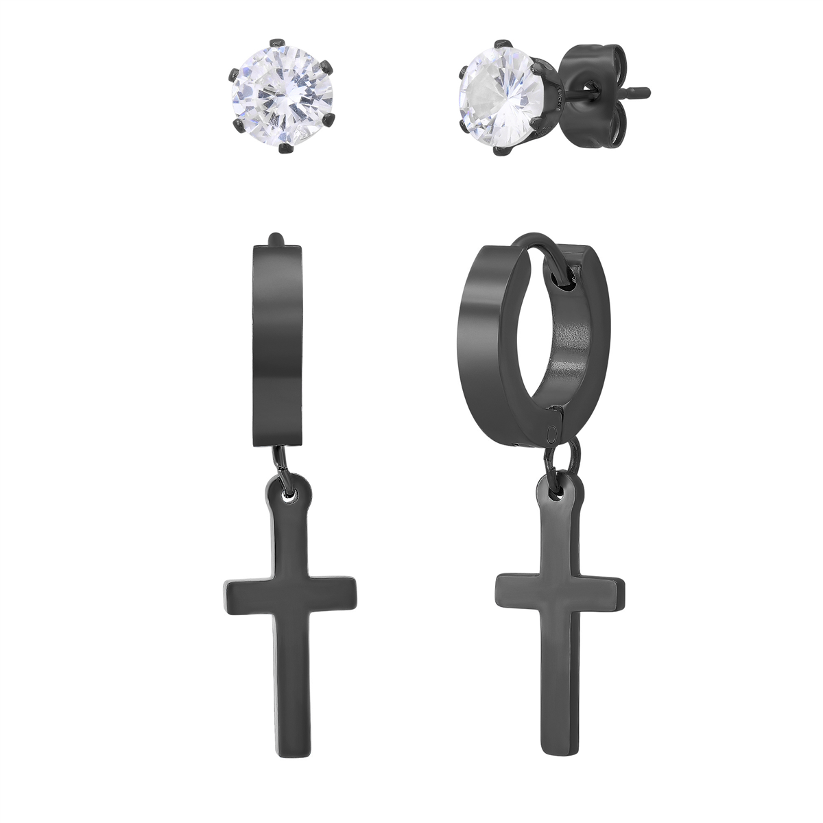 Saffron Black Tone Stainless Steel Cross Hoop & Stud Earring Set