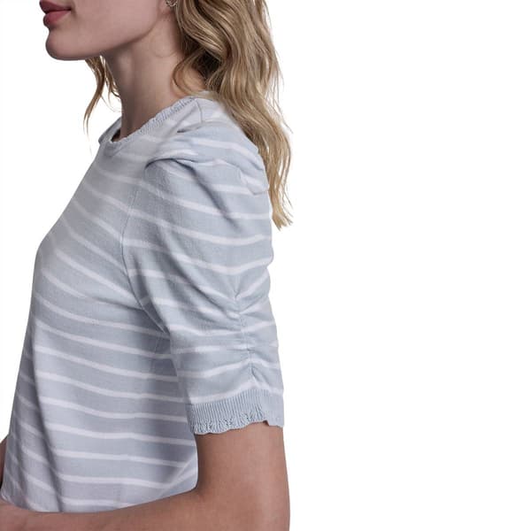 Womens DKNY Short Puff Sleeve Scallop Neck Stripe Sweater